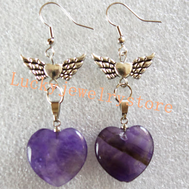 Amethysts Heart & Silver Wing Earrings