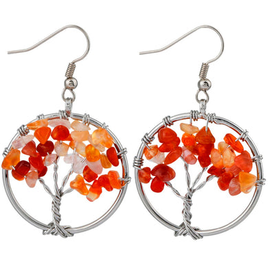 Handmade Carnelian Chips Stones Tree of Life Dangle Hook Earrings