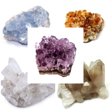 5pc Geode: Celestite, Citrine, Amethyst, Clear Quartz &, Smokey Quartz Cluster